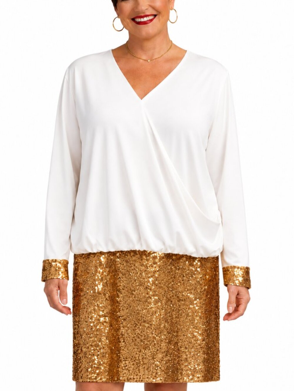 Plus Size 3X Womens Faux-Wrap Top & Gold Sequin Skirt Two-Piece Set. Formal Chic